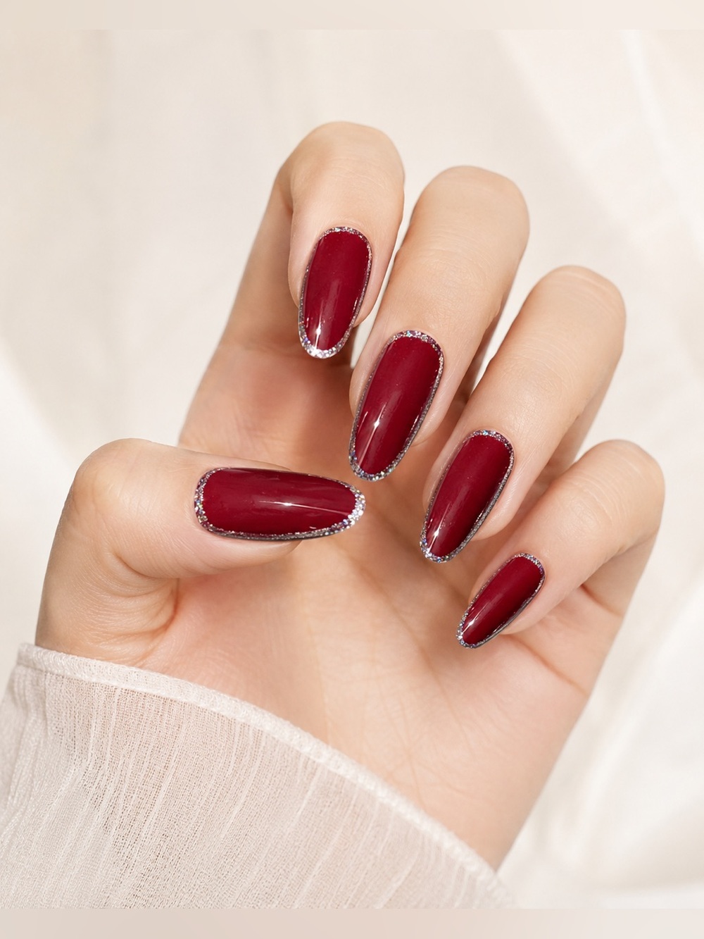 Burgundy Glitter French Edge Press-On Nails | 24/30pcs DIY Glossy Red Fake Nails